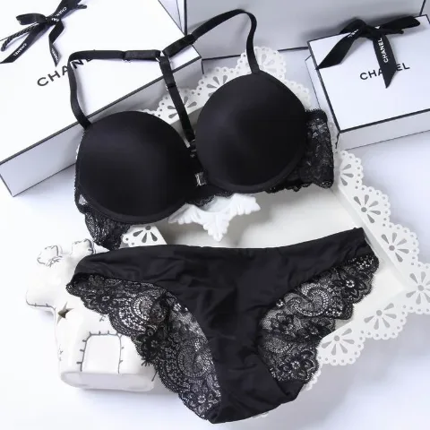 Комплект женского белья с кружевом и декоративной лямкой в ​​стиле Chanel черный, арт. Chk1/black
