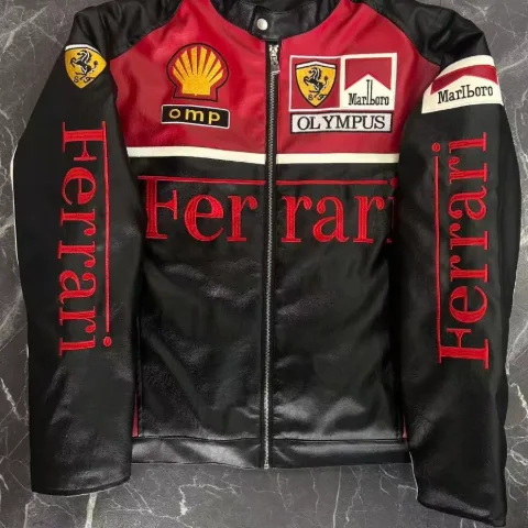 Куртка в стилі Ferrari з гоночними нашивками червоно-чорна, арт. FkuF1/blackred