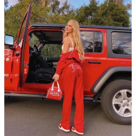Жіночий червоний велюровий костюм з худі та штанами у стилі Juicy Couture, арт. JCko1/red