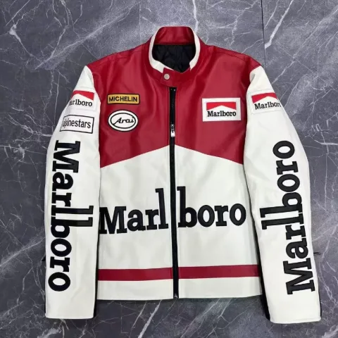 Куртка в стилі Marlboro з гоночними нашивками червоно-біла, арт. MkuF1/whitered