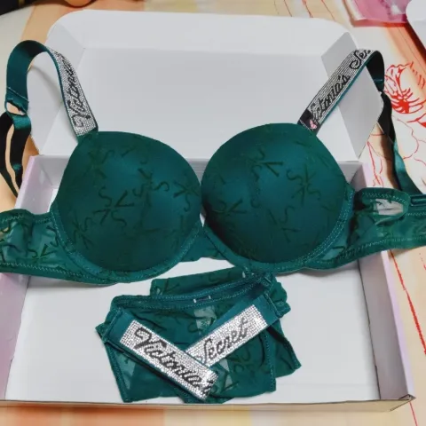 Комплект женского белья с пушапом и лямками со стразами в стиле Victoria's Secret зеленый, арт. VSk2/green