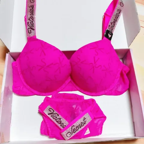 Комплект женского белья с пушапом и лямками со стразами в стиле Victoria's Secret розовый, арт. VSk2/pink
