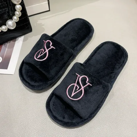 Теплі домашні чорні капці у стилі Victoria's Secret відкритого типу, арт. VSt1/black