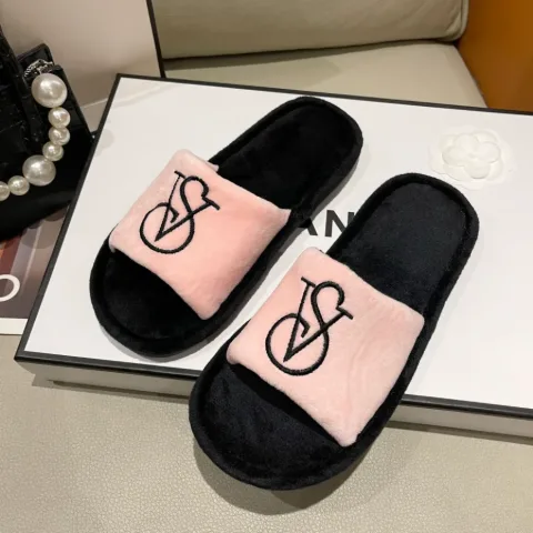 Теплые домашние розовые тапочки в стиле Victoria's Secret открытого типа, арт. VSt1/pink